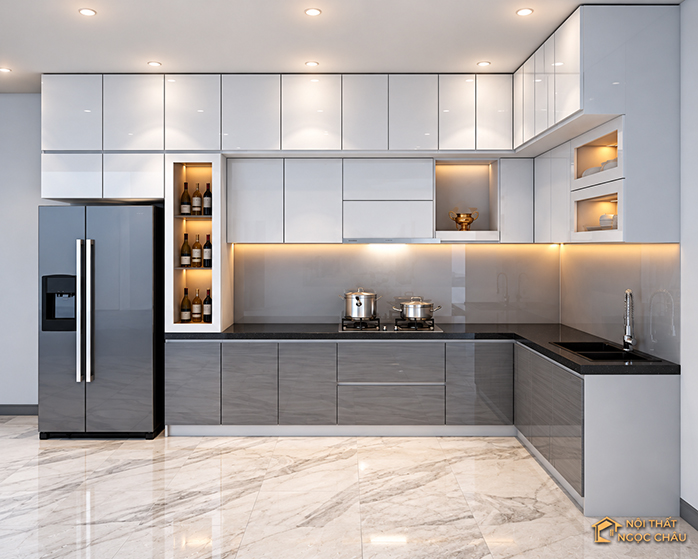 Tủ bếp nhựa Acrylic chữ L nhà em Cường tại Sóc Sơn